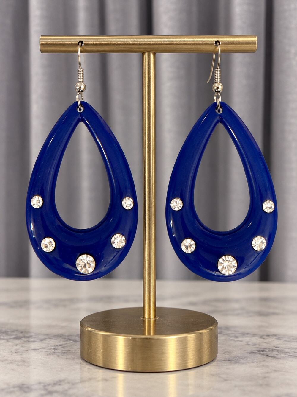 Vintage Y2K Cobalt Blue Rhinestone Teardrop Dangle Earrings 3”
